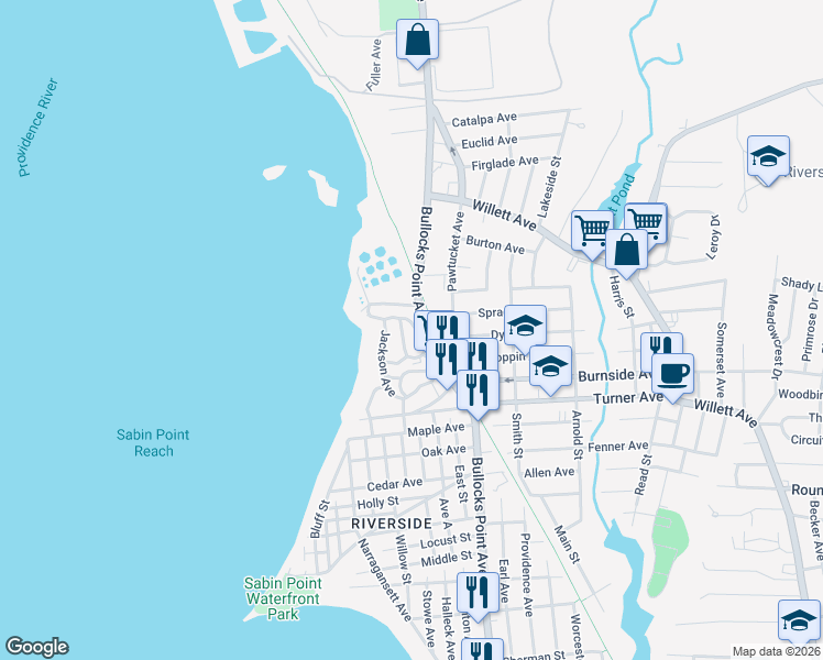 map of restaurants, bars, coffee shops, grocery stores, and more near 55 Washington Avenue in East Providence