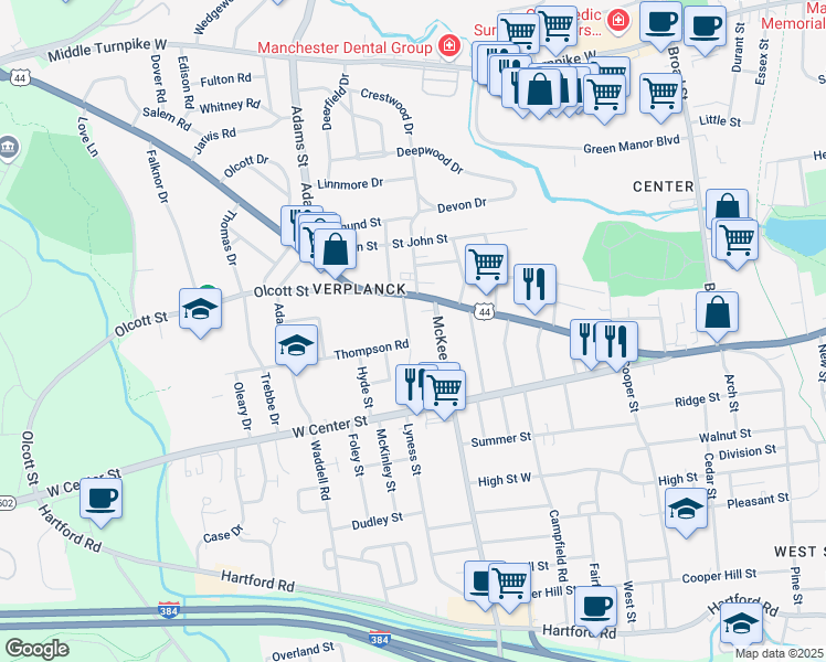map of restaurants, bars, coffee shops, grocery stores, and more near 12 McKee Street in Manchester