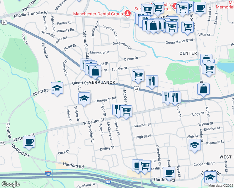 map of restaurants, bars, coffee shops, grocery stores, and more near 24 Thompson Road in Manchester