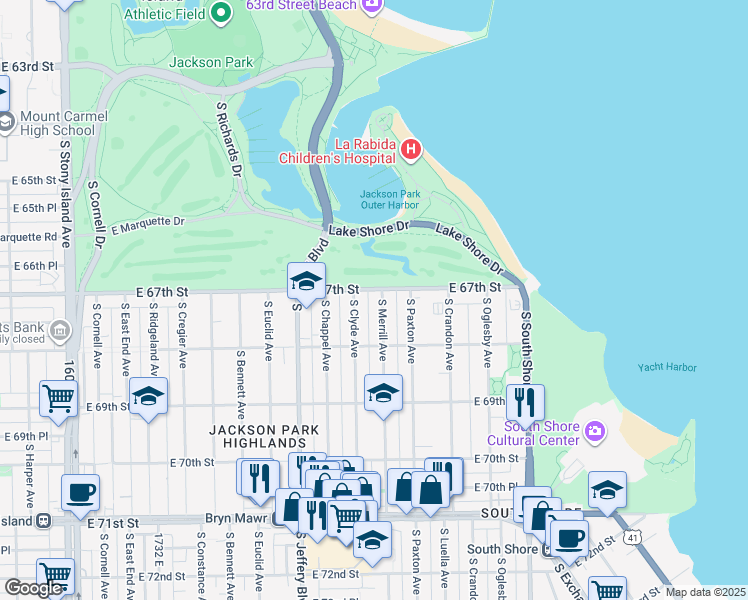 map of restaurants, bars, coffee shops, grocery stores, and more near 6714 South Chappel Avenue in Chicago