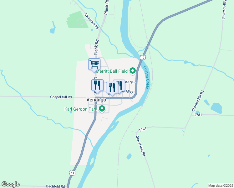 map of restaurants, bars, coffee shops, grocery stores, and more near Cherry Alley in Venango