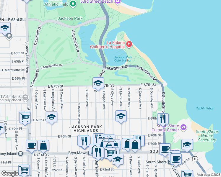 map of restaurants, bars, coffee shops, grocery stores, and more near 2049 East 67th Street in Chicago