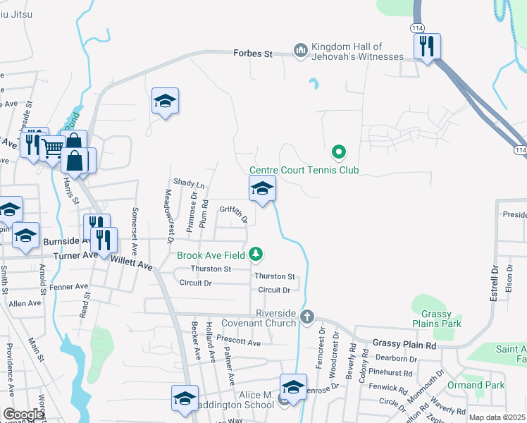 map of restaurants, bars, coffee shops, grocery stores, and more near 60 Bart Drive in East Providence