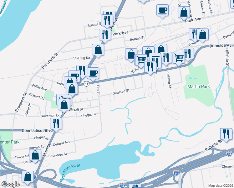 map of restaurants, bars, coffee shops, grocery stores, and more near 49 Olmsted Street in East Hartford