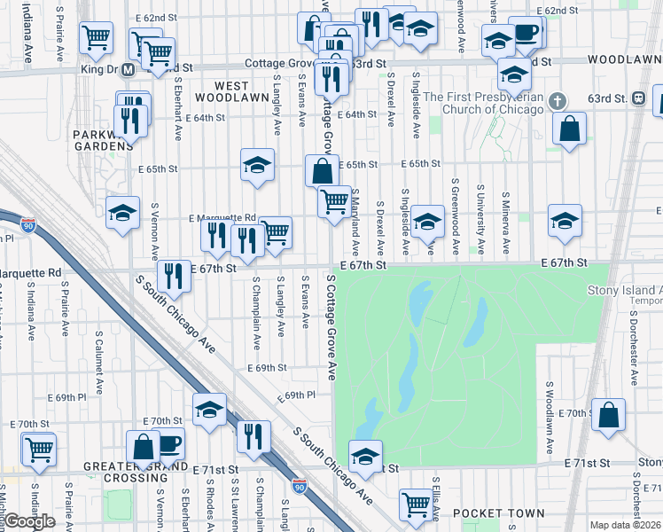 map of restaurants, bars, coffee shops, grocery stores, and more near South Cottage Grove Avenue & East 67th Street in Chicago