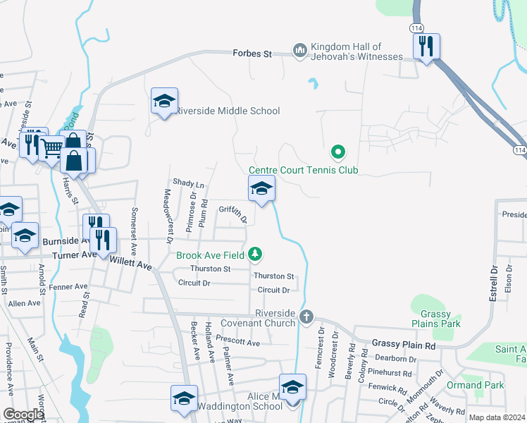 map of restaurants, bars, coffee shops, grocery stores, and more near 60 Bart Drive in East Providence