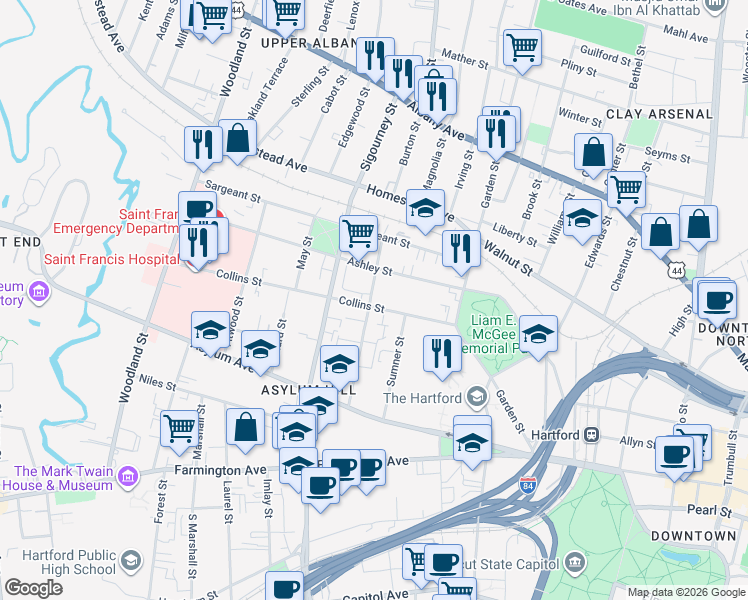 map of restaurants, bars, coffee shops, grocery stores, and more near 186 Collins Street in Hartford