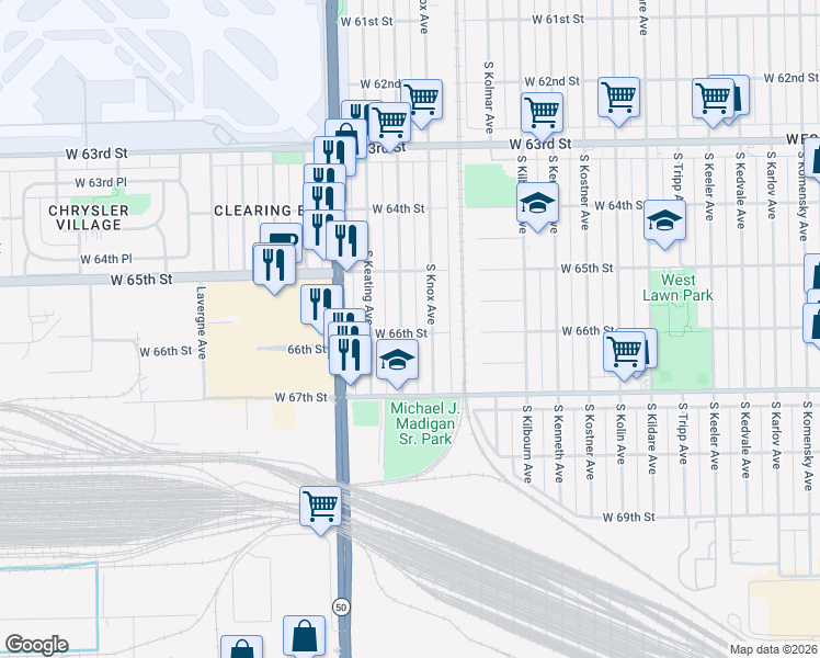 map of restaurants, bars, coffee shops, grocery stores, and more near 6545 South Kilpatrick Avenue in Chicago
