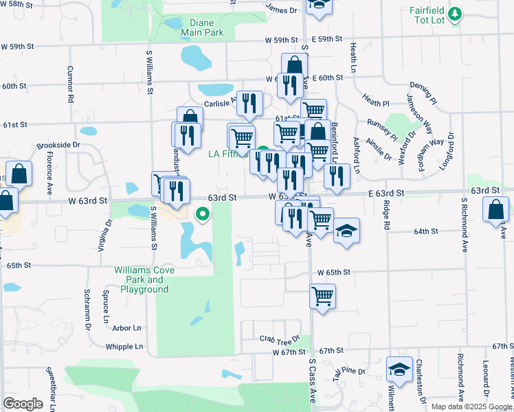 map of restaurants, bars, coffee shops, grocery stores, and more near 18 W125 South Suffield Court in Westmont