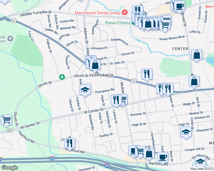map of restaurants, bars, coffee shops, grocery stores, and more near 45 Thompson Road in Manchester