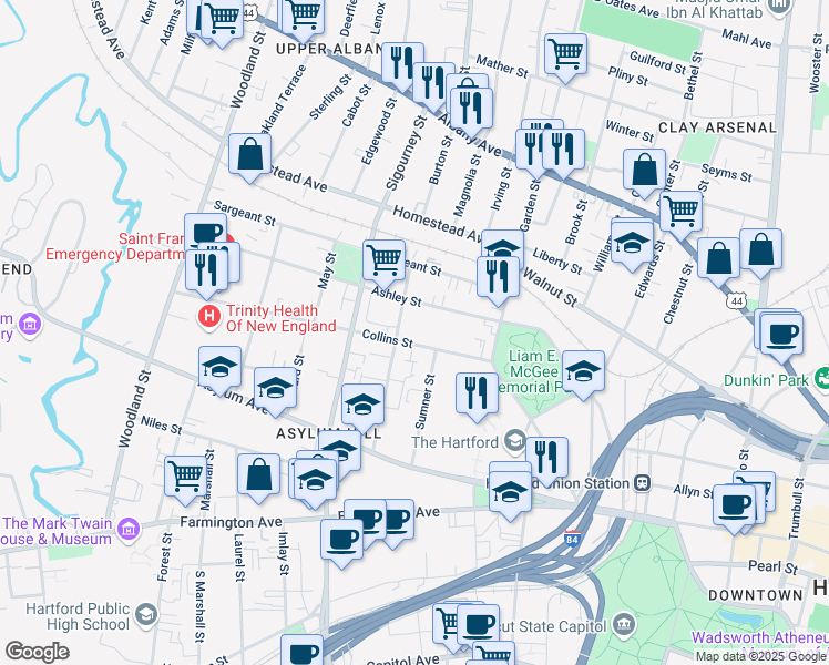 map of restaurants, bars, coffee shops, grocery stores, and more near 59 Ashley Street in Hartford