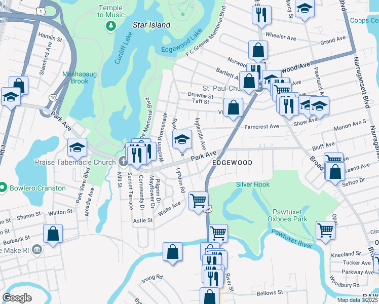 map of restaurants, bars, coffee shops, grocery stores, and more near 9 Beachmont Avenue in Cranston
