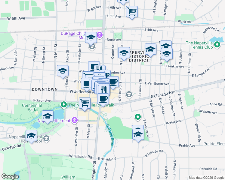 map of restaurants, bars, coffee shops, grocery stores, and more near 43 East Jefferson Avenue in Naperville