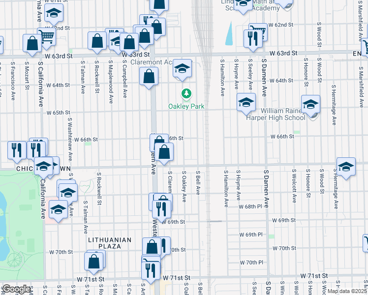 map of restaurants, bars, coffee shops, grocery stores, and more near 6606 South Oakley Avenue in Chicago