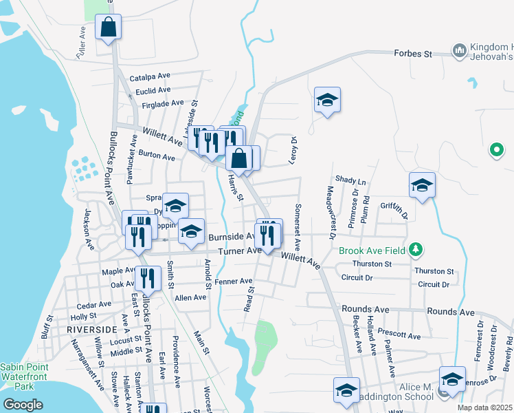 map of restaurants, bars, coffee shops, grocery stores, and more near 347 Willett Avenue in East Providence