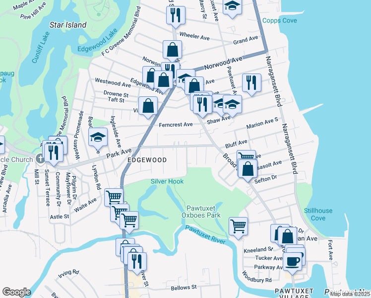 map of restaurants, bars, coffee shops, grocery stores, and more near 61 Park Avenue in Cranston