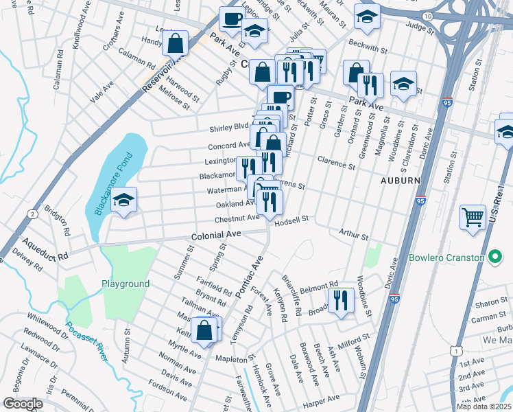 map of restaurants, bars, coffee shops, grocery stores, and more near 505 Pontiac Avenue in Cranston