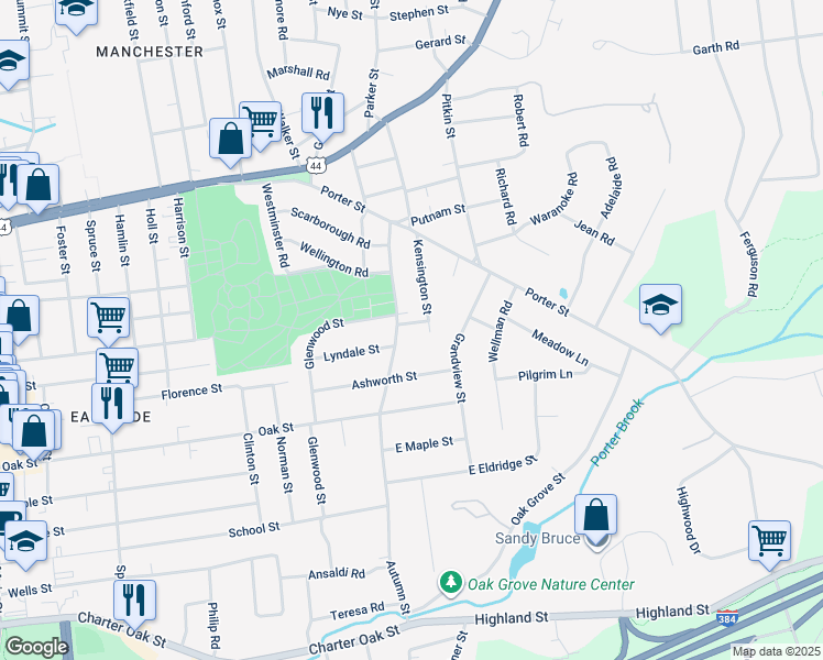 map of restaurants, bars, coffee shops, grocery stores, and more near 70 Kensington Street in Manchester