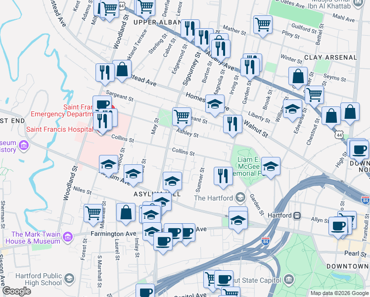 map of restaurants, bars, coffee shops, grocery stores, and more near 95 Huntington Street in Hartford