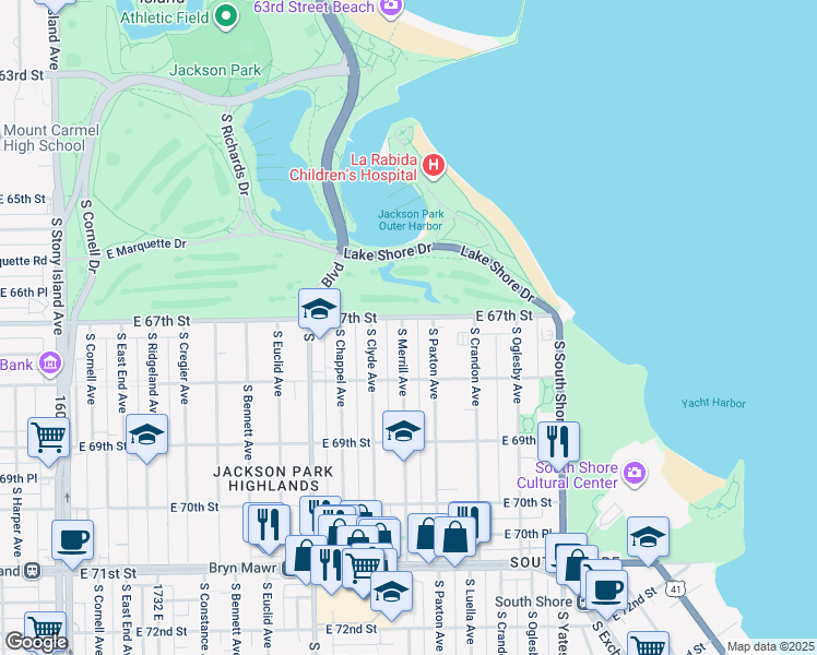 map of restaurants, bars, coffee shops, grocery stores, and more near 6707 South Merrill Avenue in Chicago