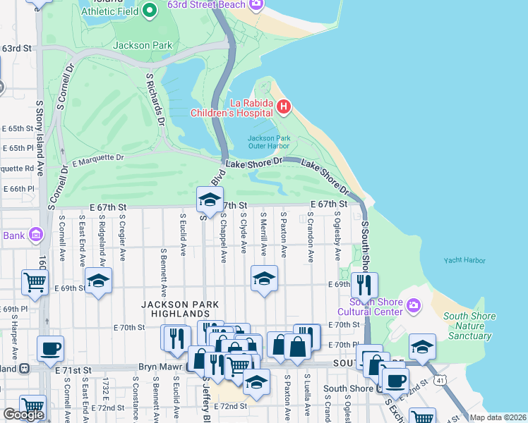 map of restaurants, bars, coffee shops, grocery stores, and more near 6714 South Chappel Avenue in Chicago