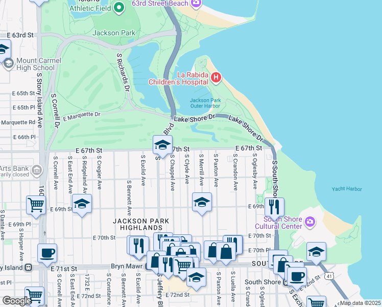 map of restaurants, bars, coffee shops, grocery stores, and more near 6714 South Chappel Avenue in Chicago