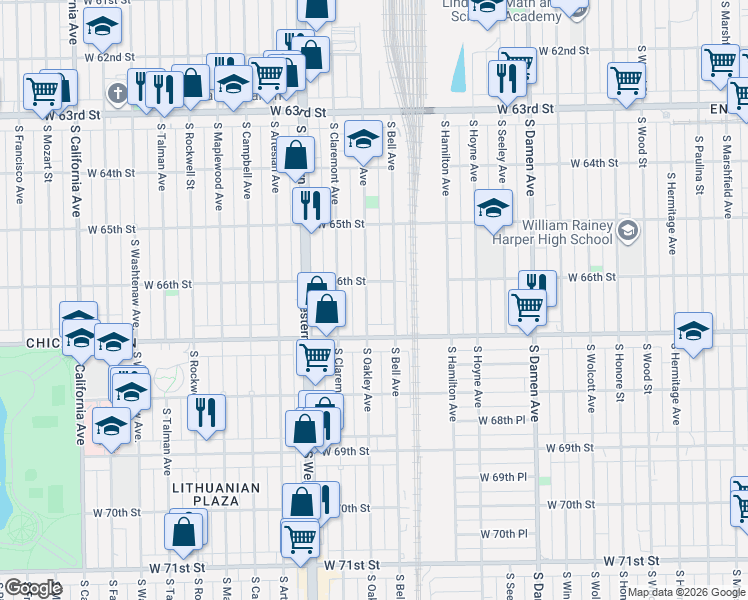 map of restaurants, bars, coffee shops, grocery stores, and more near 6608 South Oakley Avenue in Chicago