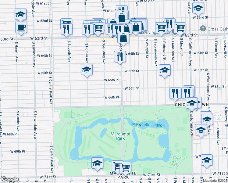 map of restaurants, bars, coffee shops, grocery stores, and more near 3206 West 66th Street in Chicago