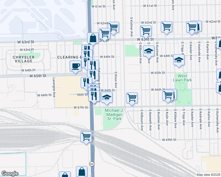 map of restaurants, bars, coffee shops, grocery stores, and more near 6545 South Kilpatrick Avenue in Chicago