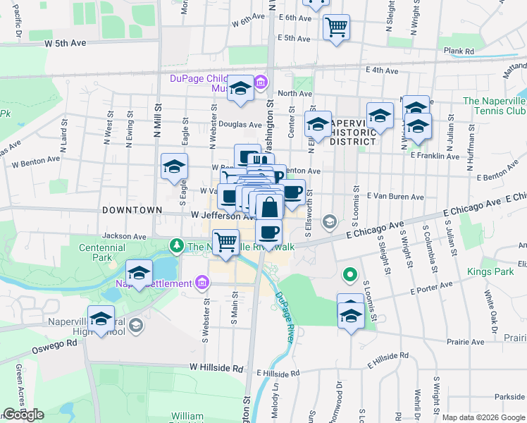 map of restaurants, bars, coffee shops, grocery stores, and more near 110 South Washington Street in Naperville