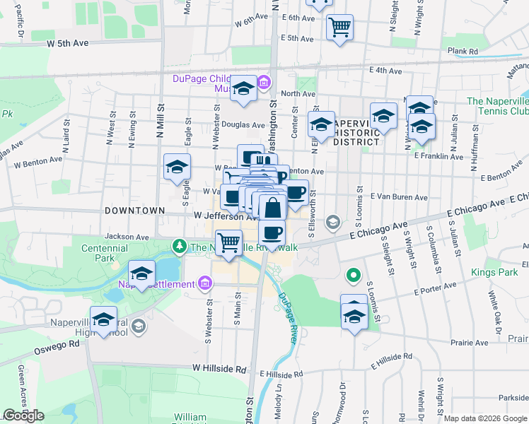 map of restaurants, bars, coffee shops, grocery stores, and more near 110 South Washington Street in Naperville