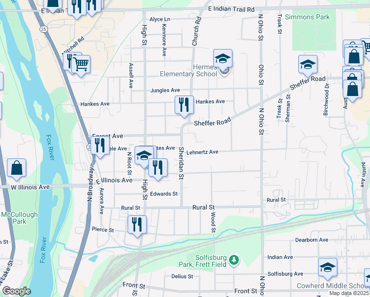 map of restaurants, bars, coffee shops, grocery stores, and more near 716 Lehnertz Avenue in Aurora