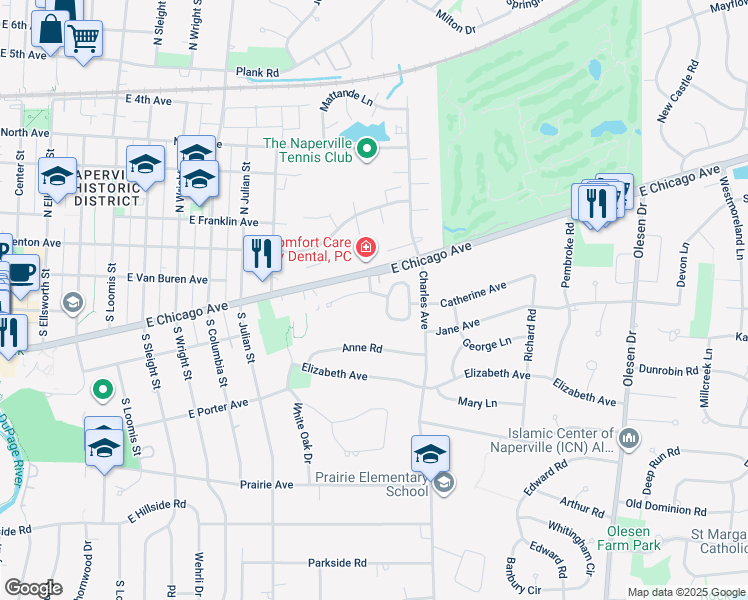 map of restaurants, bars, coffee shops, grocery stores, and more near 1036 Catherine Avenue in Naperville