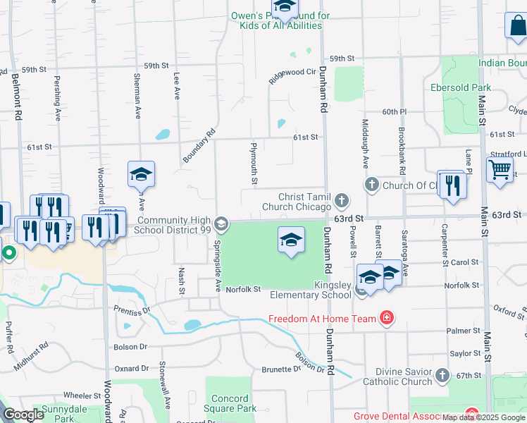 map of restaurants, bars, coffee shops, grocery stores, and more near 1522 63rd Street in Downers Grove