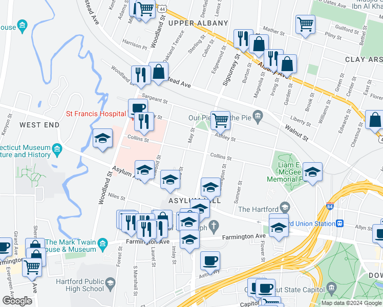 map of restaurants, bars, coffee shops, grocery stores, and more near 273 Collins Street in Hartford