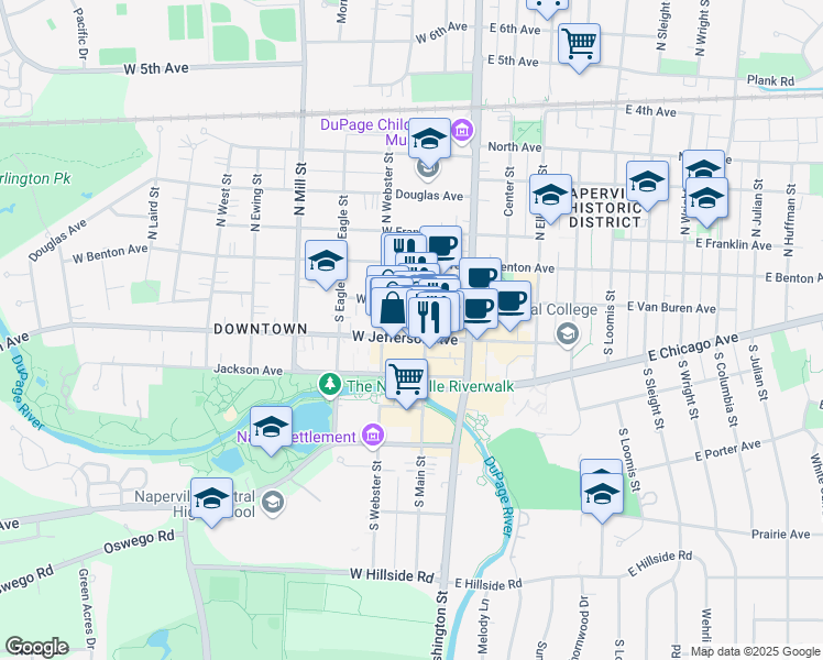 map of restaurants, bars, coffee shops, grocery stores, and more near 128 East Van Buren Avenue in Naperville