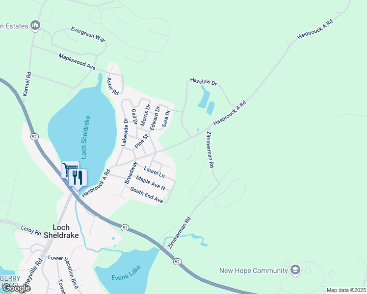 map of restaurants, bars, coffee shops, grocery stores, and more near 110 Hasbrouck A Road in Hurleyville