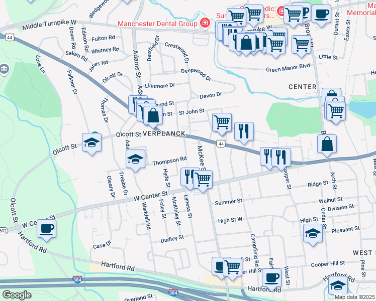 map of restaurants, bars, coffee shops, grocery stores, and more near 12 McKee Street in Manchester