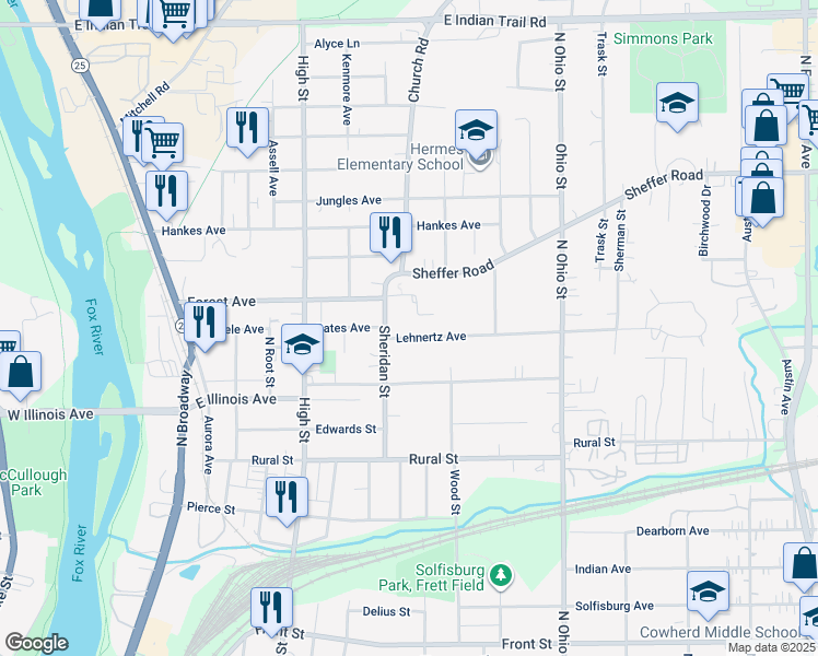 map of restaurants, bars, coffee shops, grocery stores, and more near 716 Lehnertz Avenue in Aurora