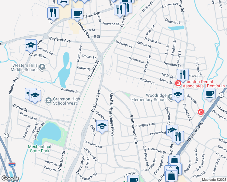 map of restaurants, bars, coffee shops, grocery stores, and more near 28 Meshanticut Valley Parkway in Cranston