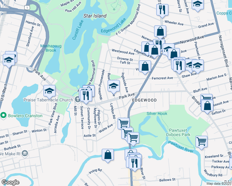 map of restaurants, bars, coffee shops, grocery stores, and more near 9 Beachmont Avenue in Cranston