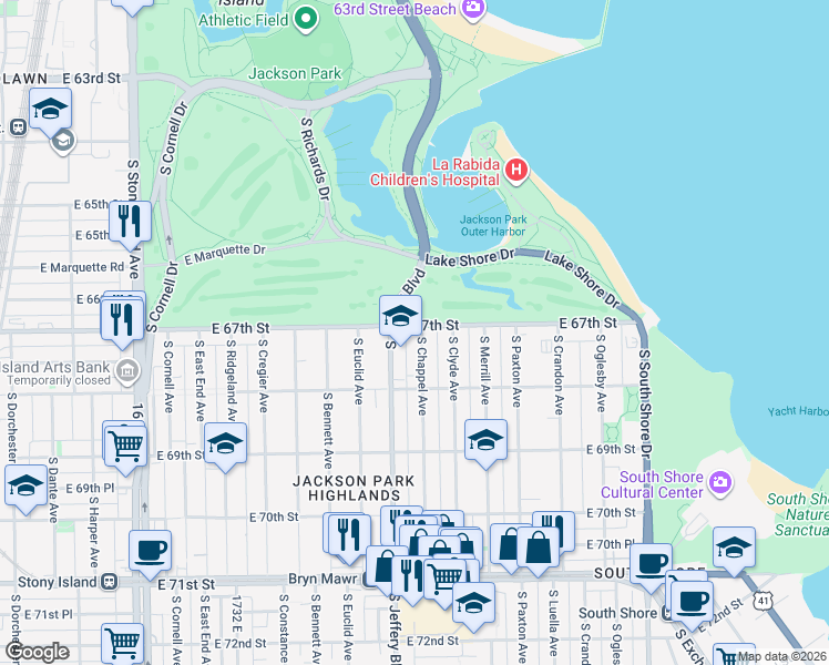 map of restaurants, bars, coffee shops, grocery stores, and more near 6700 South Chappel Avenue in Chicago