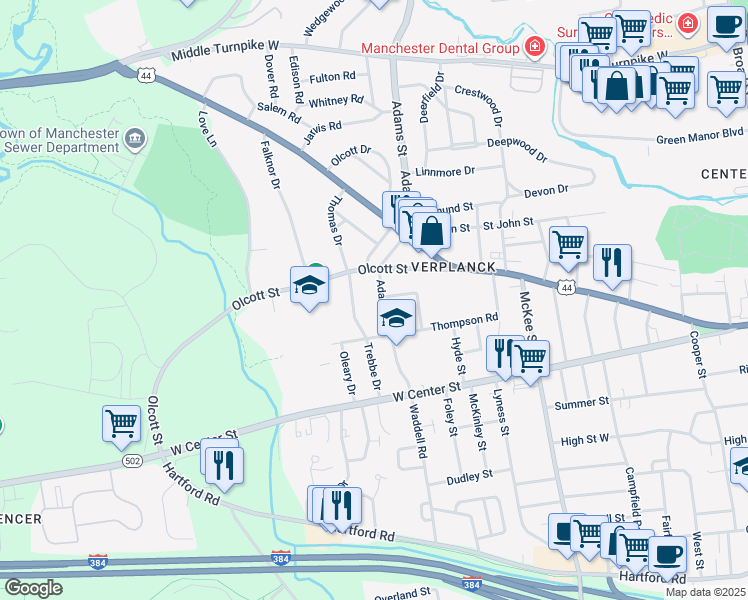 map of restaurants, bars, coffee shops, grocery stores, and more near 98 Adams Street South in Manchester
