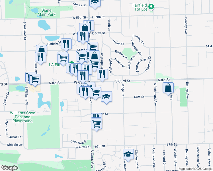 map of restaurants, bars, coffee shops, grocery stores, and more near 35 East 63rd Street in Westmont