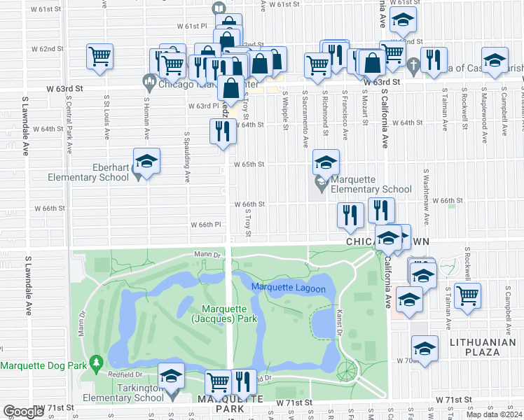 map of restaurants, bars, coffee shops, grocery stores, and more near 6606 South Albany Avenue in Chicago