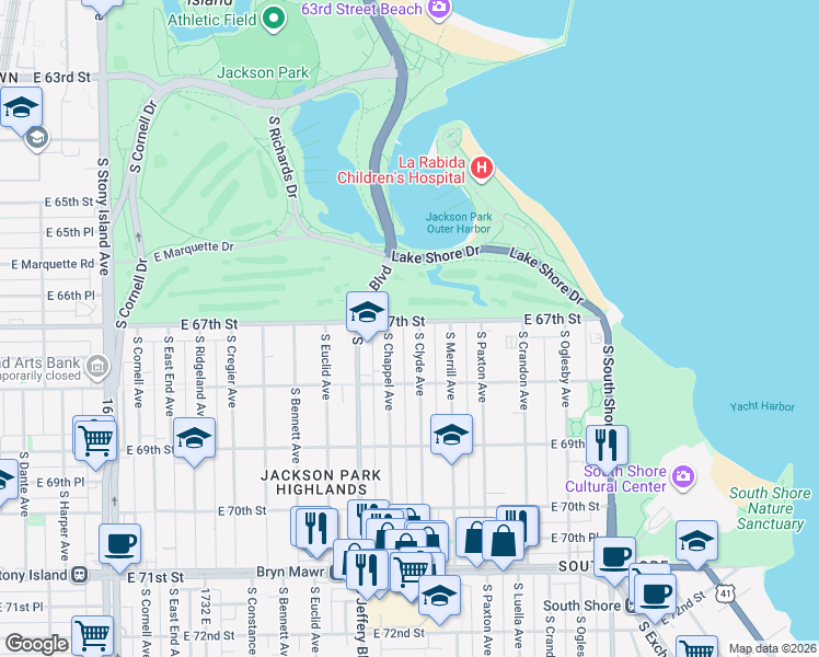 map of restaurants, bars, coffee shops, grocery stores, and more near 2077 East 67th Street in Chicago