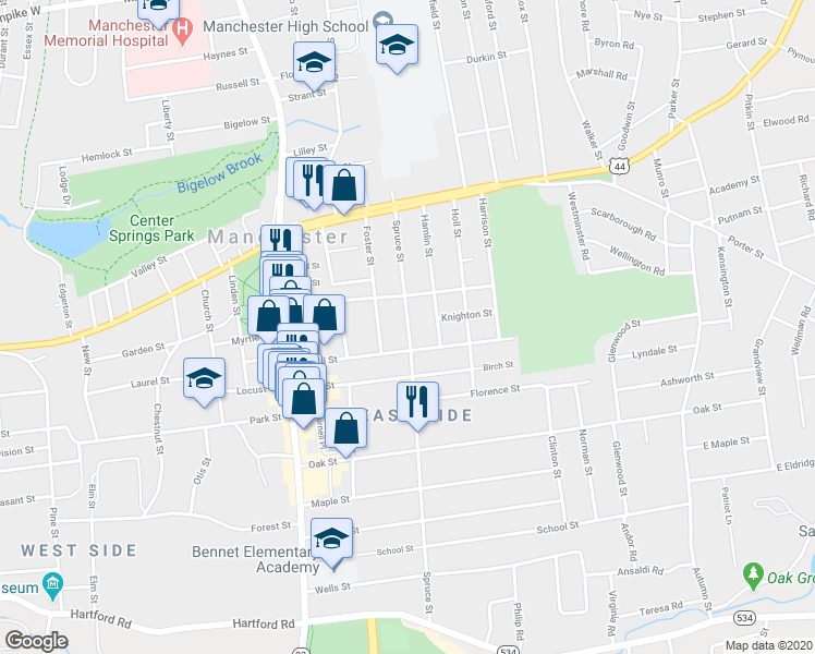 map of restaurants, bars, coffee shops, grocery stores, and more near 94 Spruce Street in Manchester