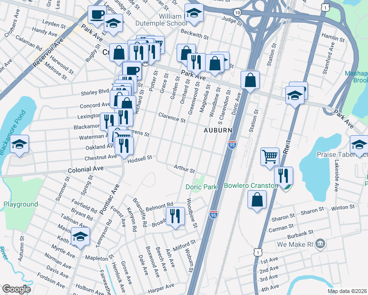map of restaurants, bars, coffee shops, grocery stores, and more near 113 Laurens Street in Cranston