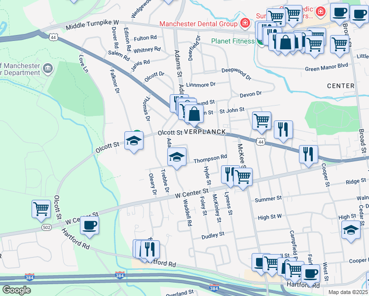 map of restaurants, bars, coffee shops, grocery stores, and more near 28 Flint Drive in Manchester