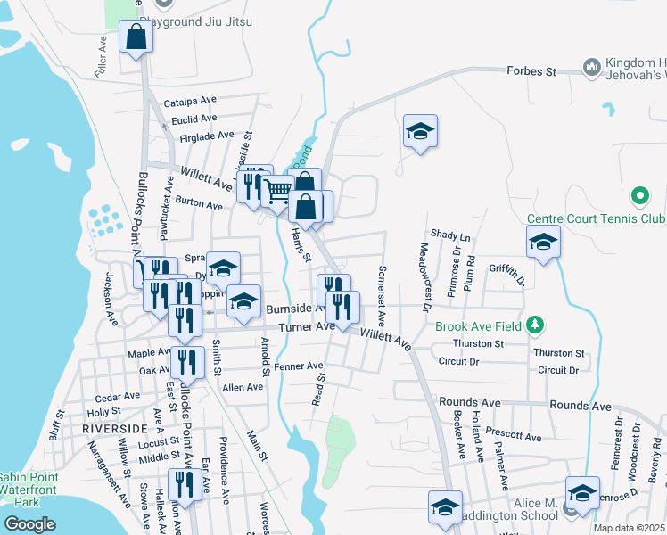 map of restaurants, bars, coffee shops, grocery stores, and more near 347 Willett Avenue in East Providence